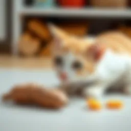 A curious cat sniffing a sweet potato