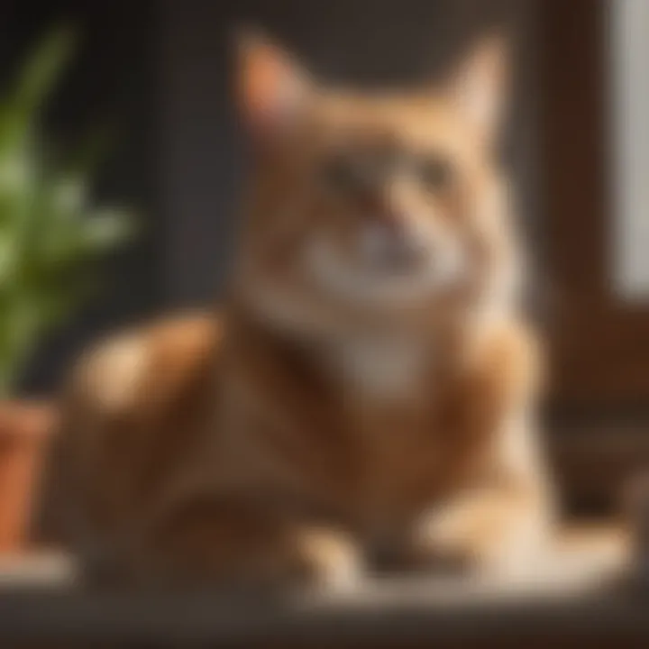 A cat sitting comfortably at home, looking healthy