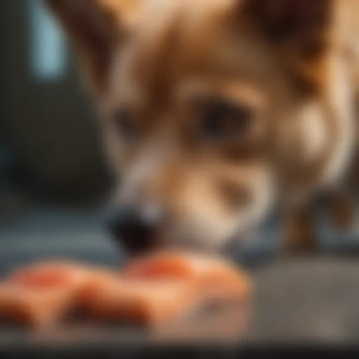 A dog curiously eyeing a piece of raw salmon