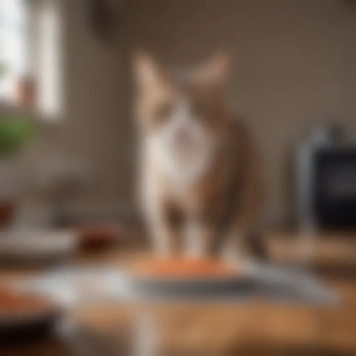 Cat happily eating on a clean plastic mat