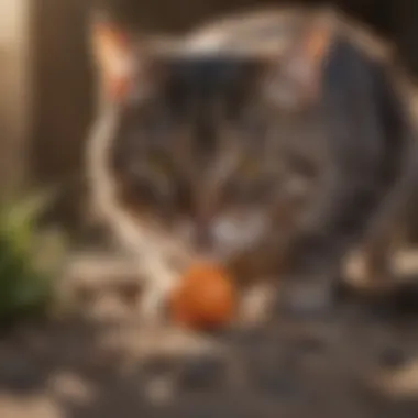 A cat showcasing natural hunting instincts with a mouse toy