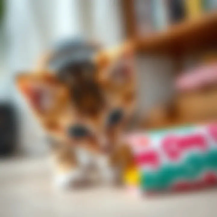 A curious cat inspecting a colorful chewy box toy, highlighting its engagement and curiosity.