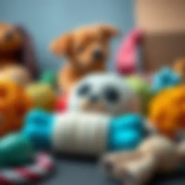 An array of chewy box toys made from various materials like rubber and fabric, emphasizing diversity.