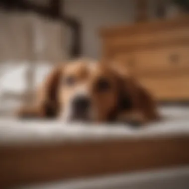 Dog Comfortably Resting on Bed A dog comfortably resting on a bed accessed by stairs