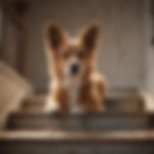 A cozy dog using chewy stairs to reach a bed