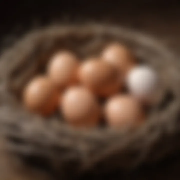 Close-up of eggs in a nest, highlighting various sizes and colors