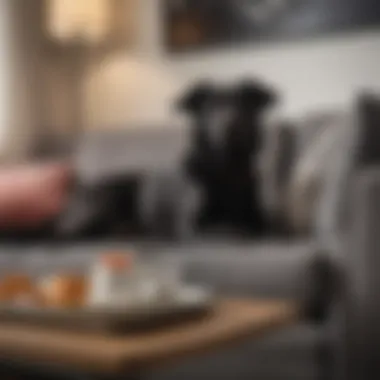 A cozy scene of a black dog lounging on a sofa, embodying comfort and companionship