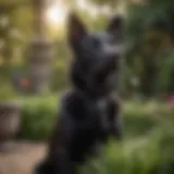 Elegant black female dog looking regal in a garden setting