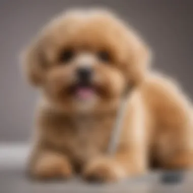 Owner brushing Maltipoo with a comb