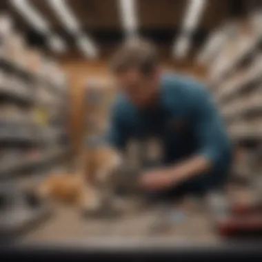 A dog owner examining collar materials in a pet store