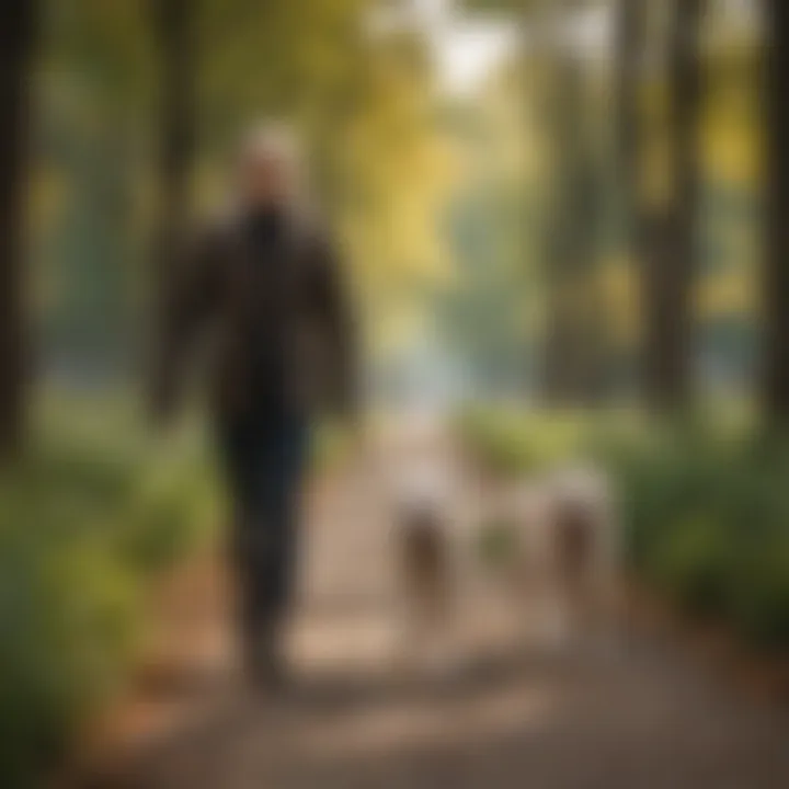 A scenic park setting where a dog is happily walking with its owner