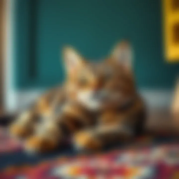 A playful tabby cat lounging on a colorful rug