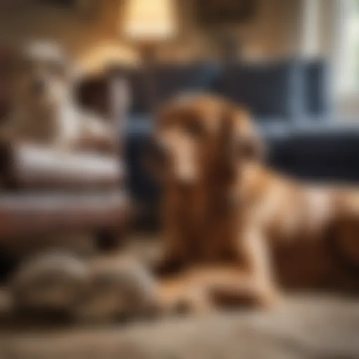 A calm dog resting by a senior's feet at home