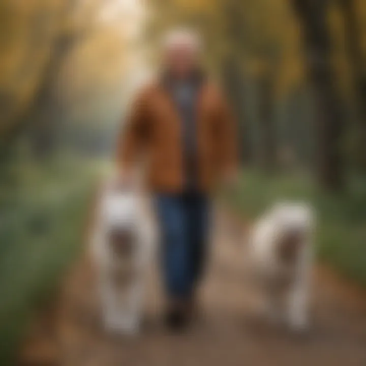 A senior taking a gentle walk with a medium-sized dog