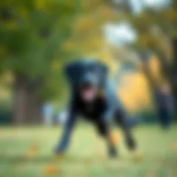 A playful male black Labrador Retriever running in a park