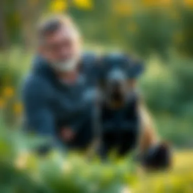 Proud Black Lab with His Owner A male black Lab sitting proudly by his owner
