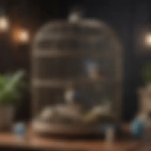 A pristine bird cage surrounded by cleaning supplies