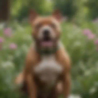 A Pitbull enjoying outdoor playtime, surrounded by flowers.