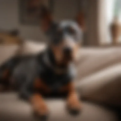 A Doberman lounging comfortably at home