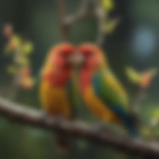 Vibrant lovebirds perched on a branch