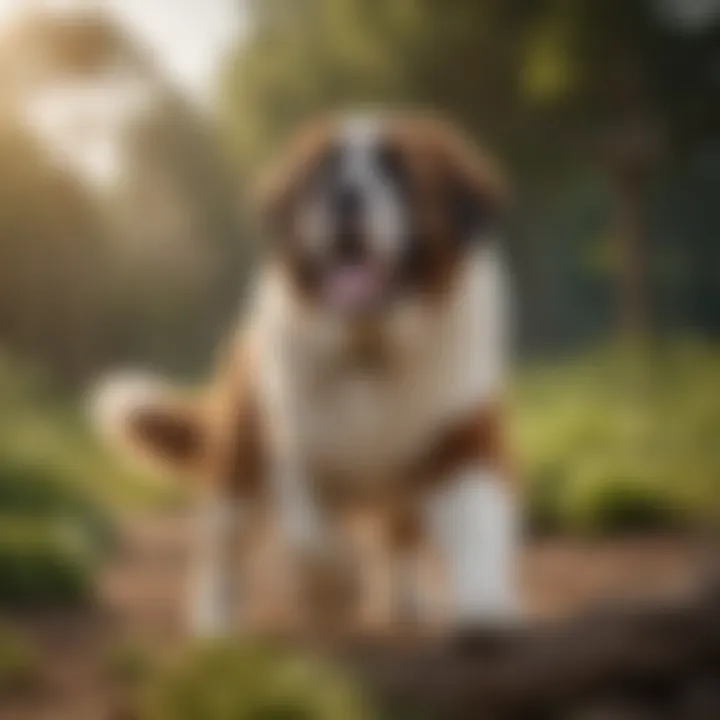 A Saint Bernard enjoying a playful outdoor exercise session, highlighting their exercise needs.
