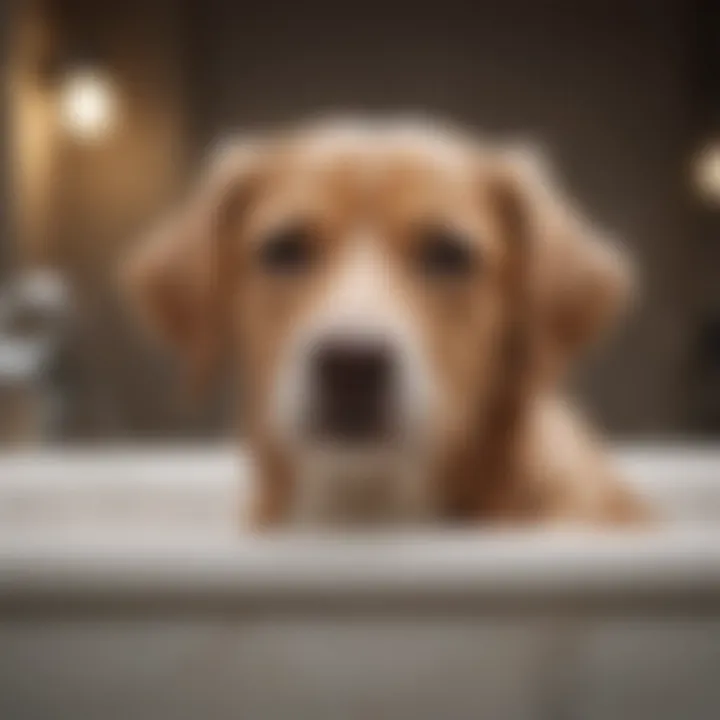 A calm dog being gently washed in the bathtub.