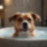 A dog enjoying a refreshing bath with bubbles around.