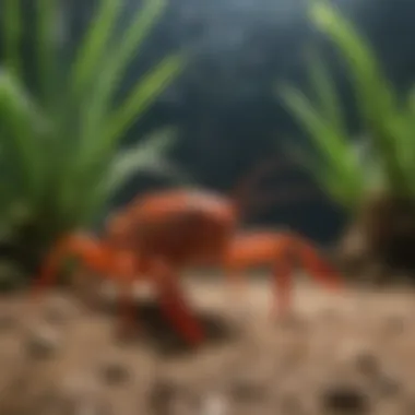 A vibrant pet crayfish exploring a natural aquarium setup