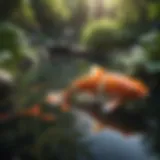 A beautifully landscaped koi pond with vibrant koi fish swimming.
