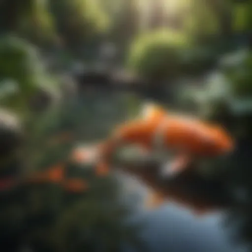 A beautifully landscaped koi pond with vibrant koi fish swimming.