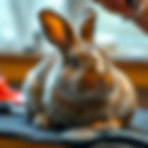 A serene rabbit sitting calmly during grooming