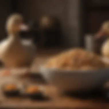 Nutritious Duck Feed A variety of nutritious duck feed displayed in bowls