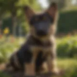 A Mini German Shepherd puppy sitting attentively in a lush garden