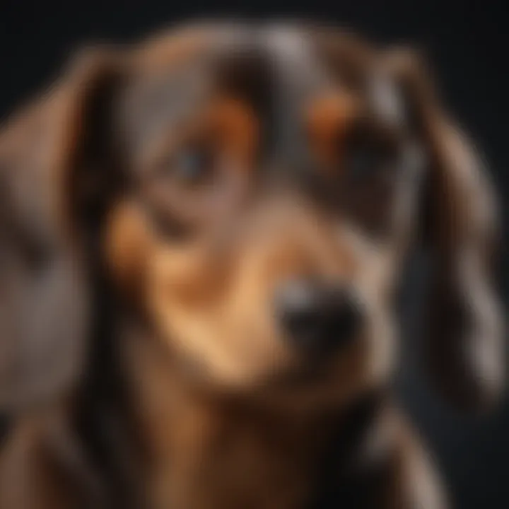 Close-up of a miniature dachshund's expressive eyes and unique coat pattern