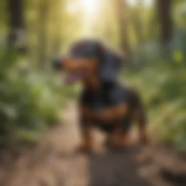 Playful miniature dachshund engaging in a spirited outdoor activity