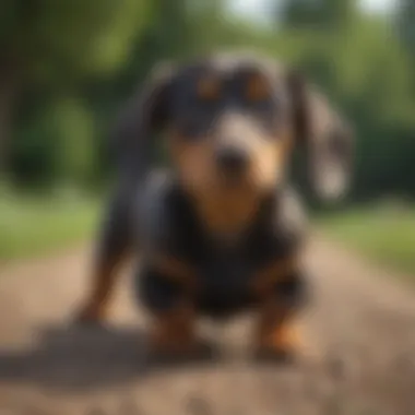 Miniature dachshund receiving training with positive reinforcement techniques