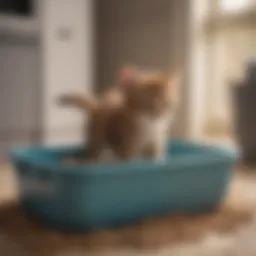 A kitten exploring a litter box for the first time