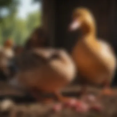 Diverse meat duck breeds in a lush farm setting