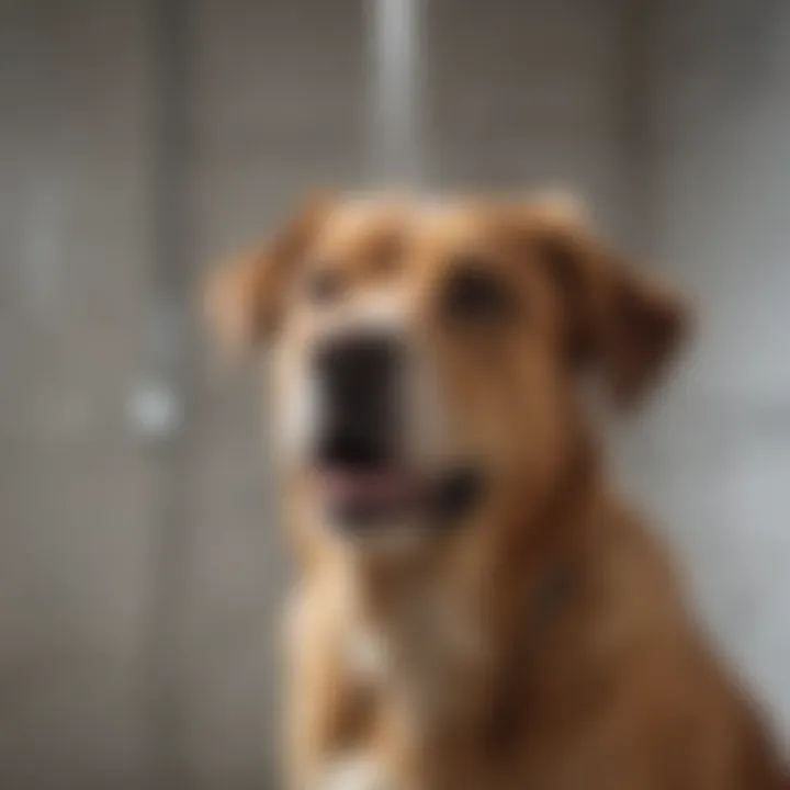 A dog enjoying a gentle shower with a specialized shower wand