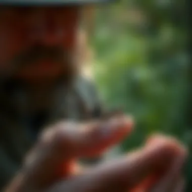 Safe Observation Techniques for Spider Enthusiasts A spider enthusiast safely observing a spider in the wild, demonstrating handling practices.