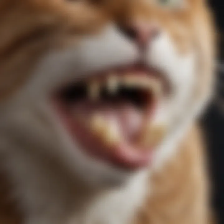 A close-up of a cat's teeth showing tartar buildup