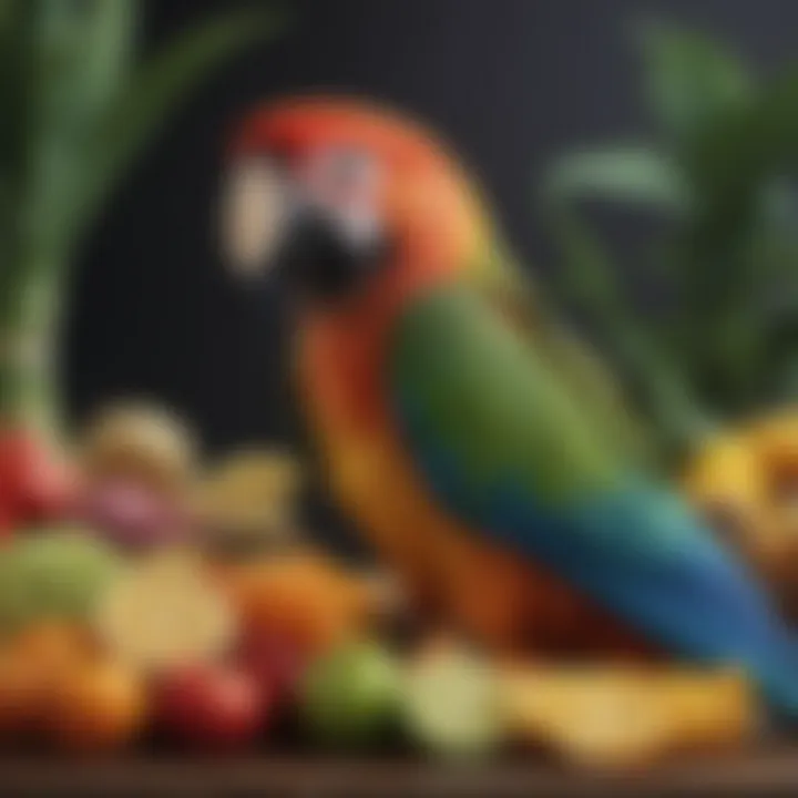 Close-up of nutritious fruits and vegetables suitable for macaw diet.