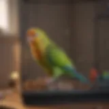 Colorful parakeet perched on a well-furnished cage