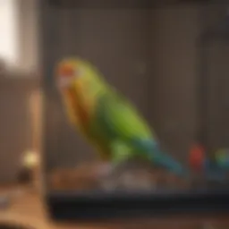 Colorful parakeet perched on a well-furnished cage