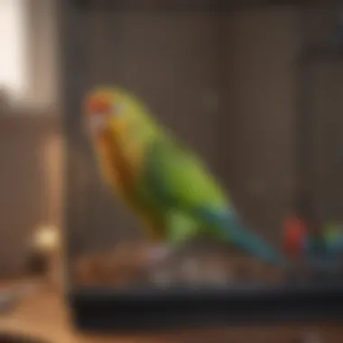 A Beautiful Parakeet in Its Ideal Home Colorful parakeet perched on a well-furnished cage
