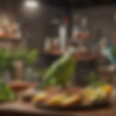 Fresh food and water dishes set up in a parakeet habitat