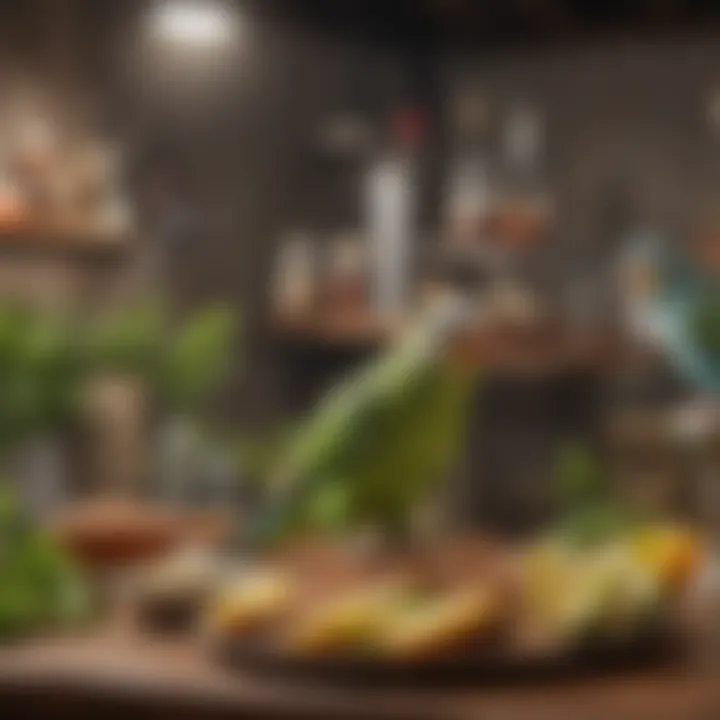Fresh food and water dishes set up in a parakeet habitat