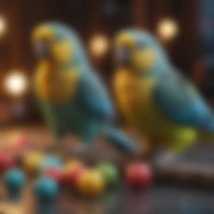 Assortment of parakeet toys displayed on a vibrant surface