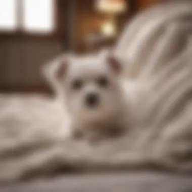 A cozy setting with a small white dog resting on a soft blanket