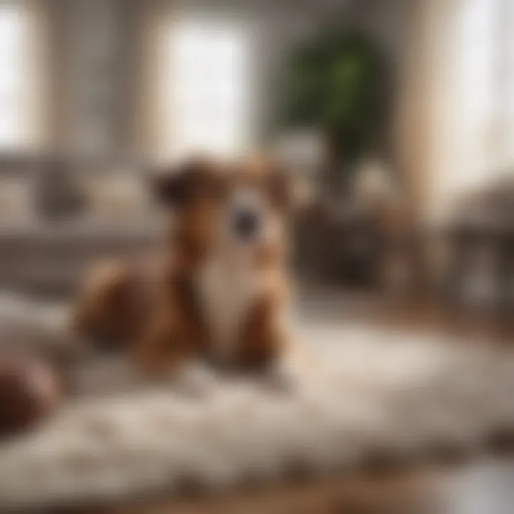 A cozy living room with a female dog lying on a soft rug, radiating comfort.